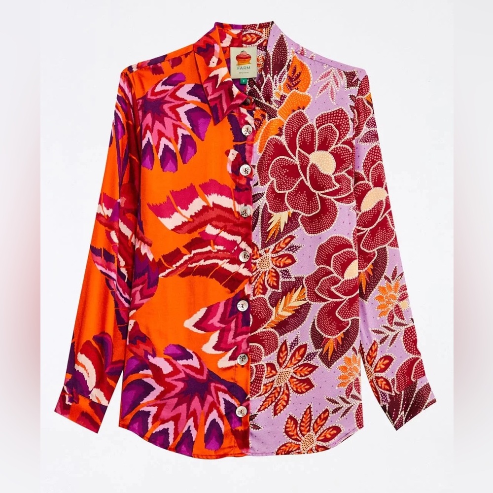 Farm Rio MEDIUM Lilac Mixed Prints satin long sleeve shirt